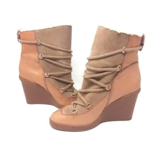 Michael Kors Leather Suede Shearling Lace up Wedge Boots 9.5 - Picture 1 of 8